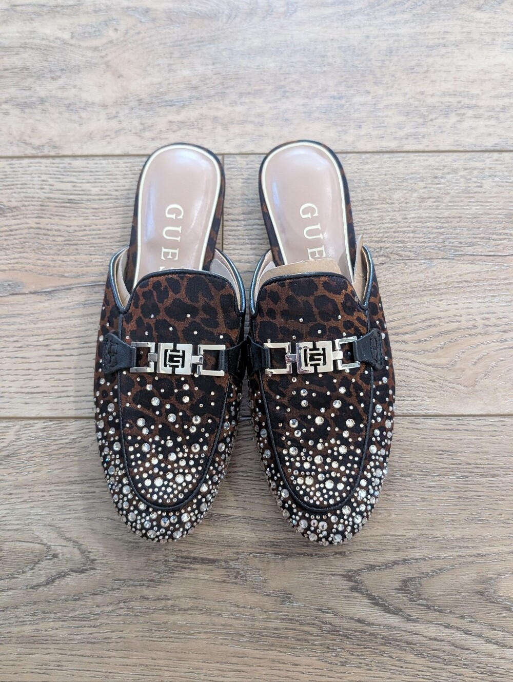 GUESS Leopard-Print Crystal Mule Loafers - Brown & Black